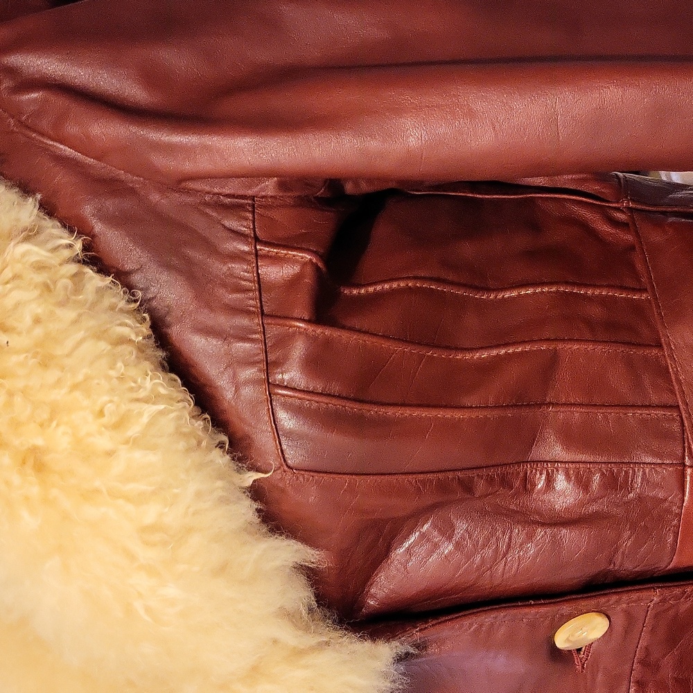 Vintage 70s Elegant Leather Women's Jacket Penny Lane Fur Collar  S  Burgundy** - Picture 5 of 16